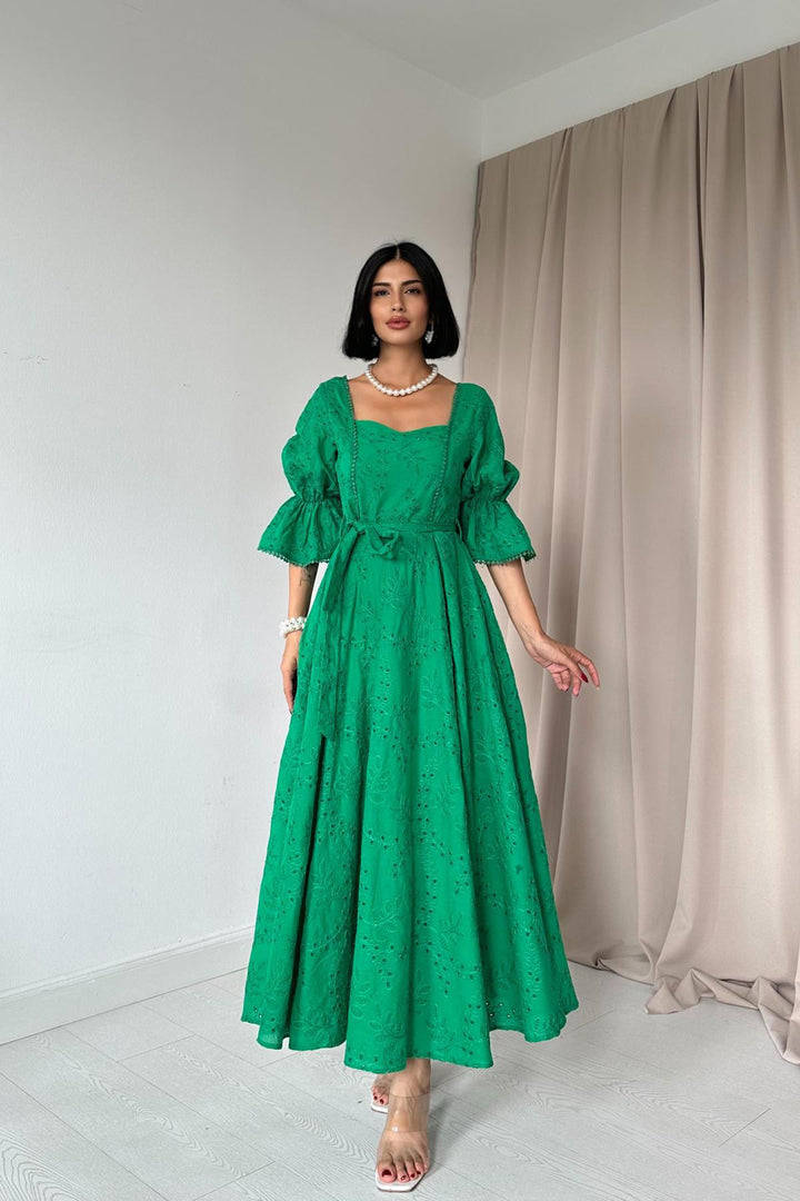 ELS Elastic Sleeve Embroidered Dress - Green - Hoogeveen