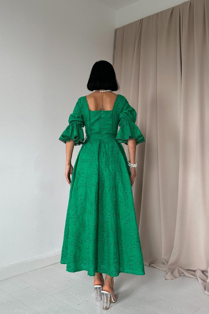 ELS Elastic Sleeve Embroidered Dress - Green - Hoogeveen