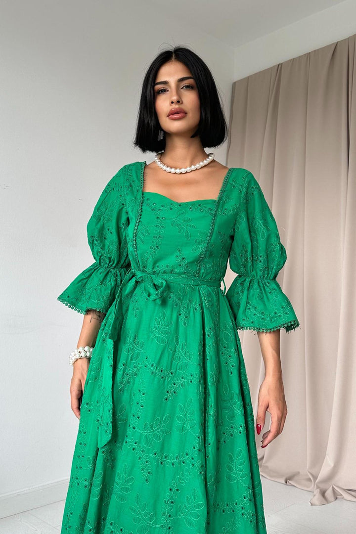 ELS Elastic Sleeve Embroidered Dress - Green - Hoogeveen