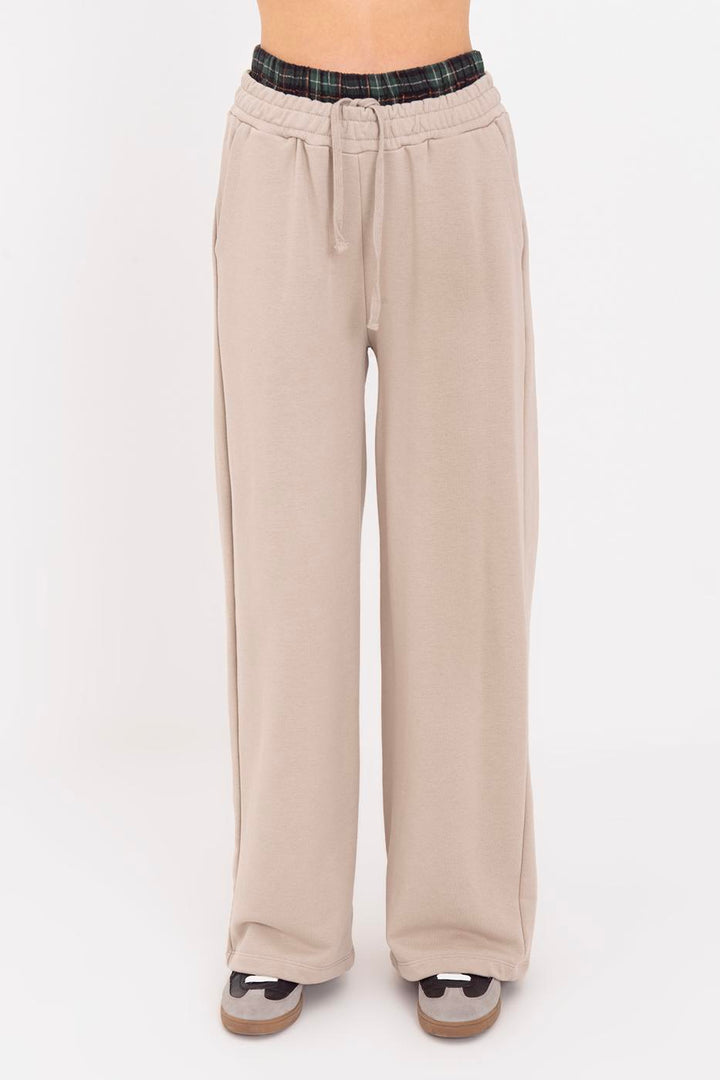 BSL Women Wide Leg Cotton Trousers with Contrast Waistband - Lawrence