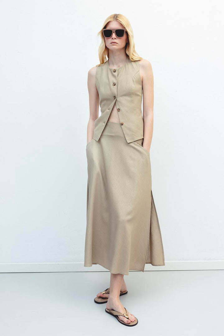 BSL Women Linen Midi Flared Skirt with Bodice - Cwmbran
