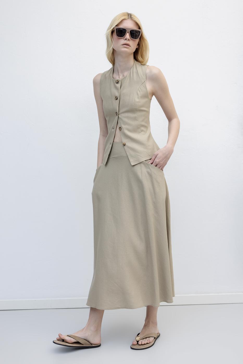 BSL Women Linen Midi Flared Skirt with Bodice - Cwmbran