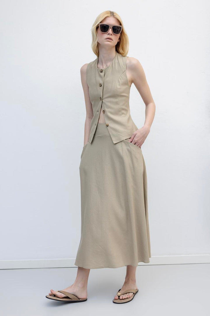 BSL Women Linen Midi Flared Skirt with Bodice - Cwmbran