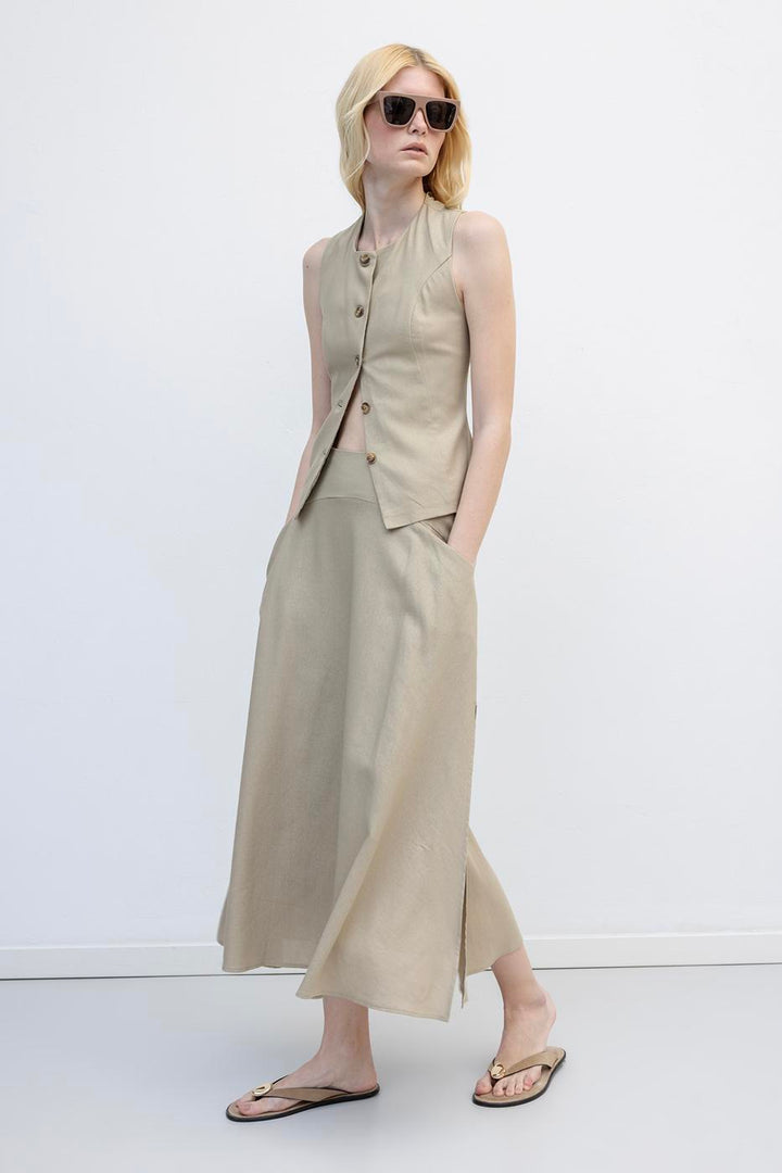 BSL Women Linen Midi Flared Skirt with Bodice - Cwmbran