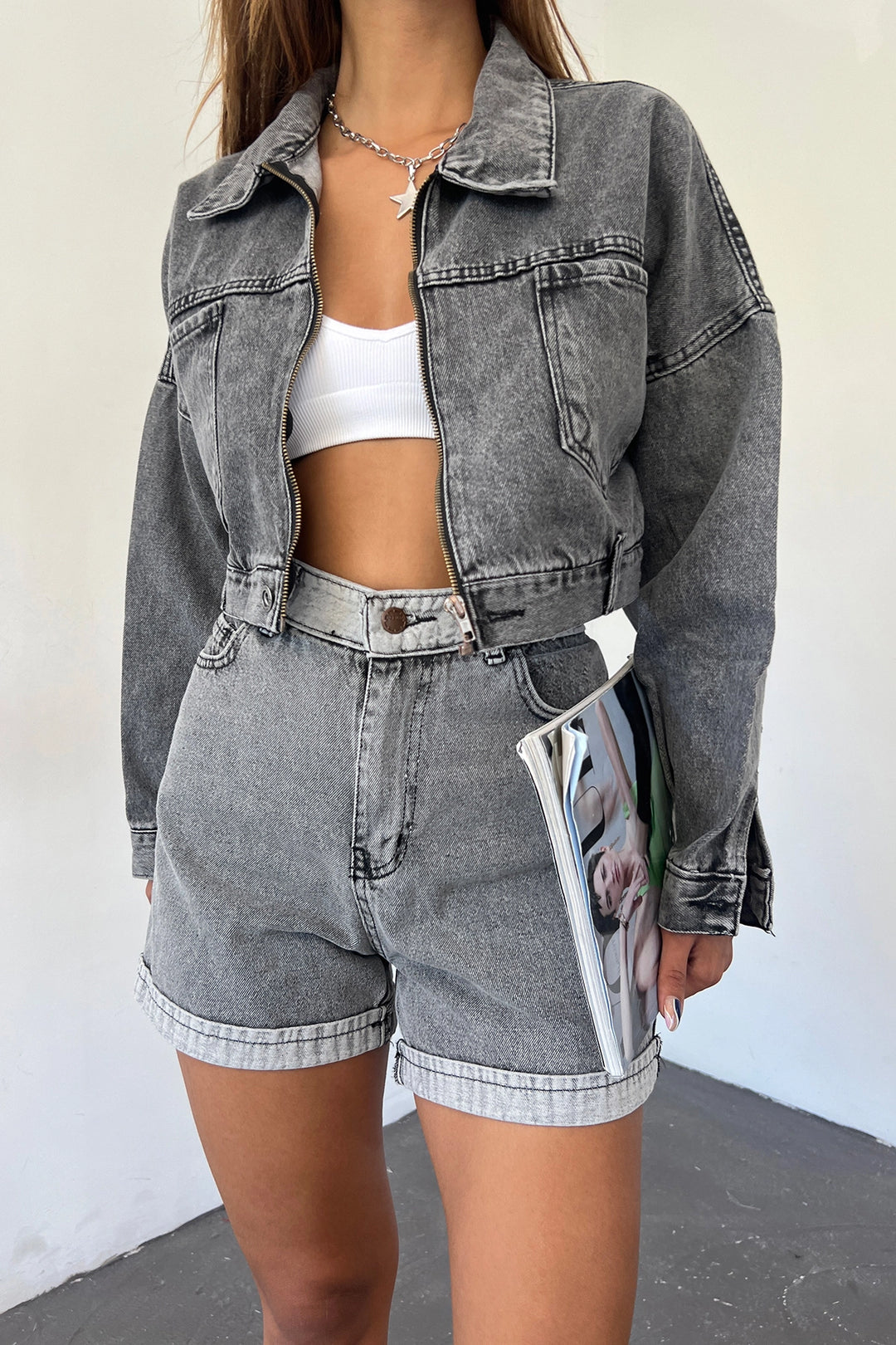 Dark Anthracite Double Pocket Zippered Washed Crop Denim Jacket BCDF-235410 - Fort Lee