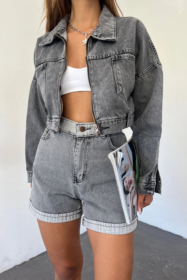 Dark Anthracite Double Pocket Zippered Washed Crop Denim Jacket BCDF-235410 - Fort Lee