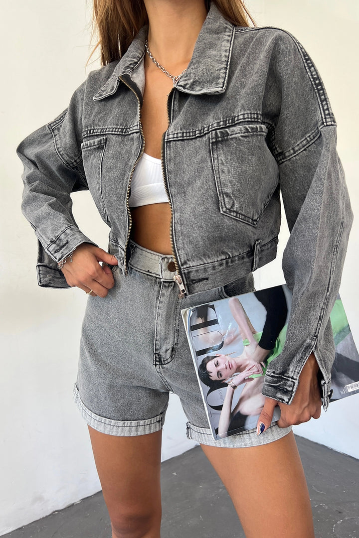 Dark Anthracite Double Pocket Zippered Washed Crop Denim Jacket BCDF-235410 - Fort Lee