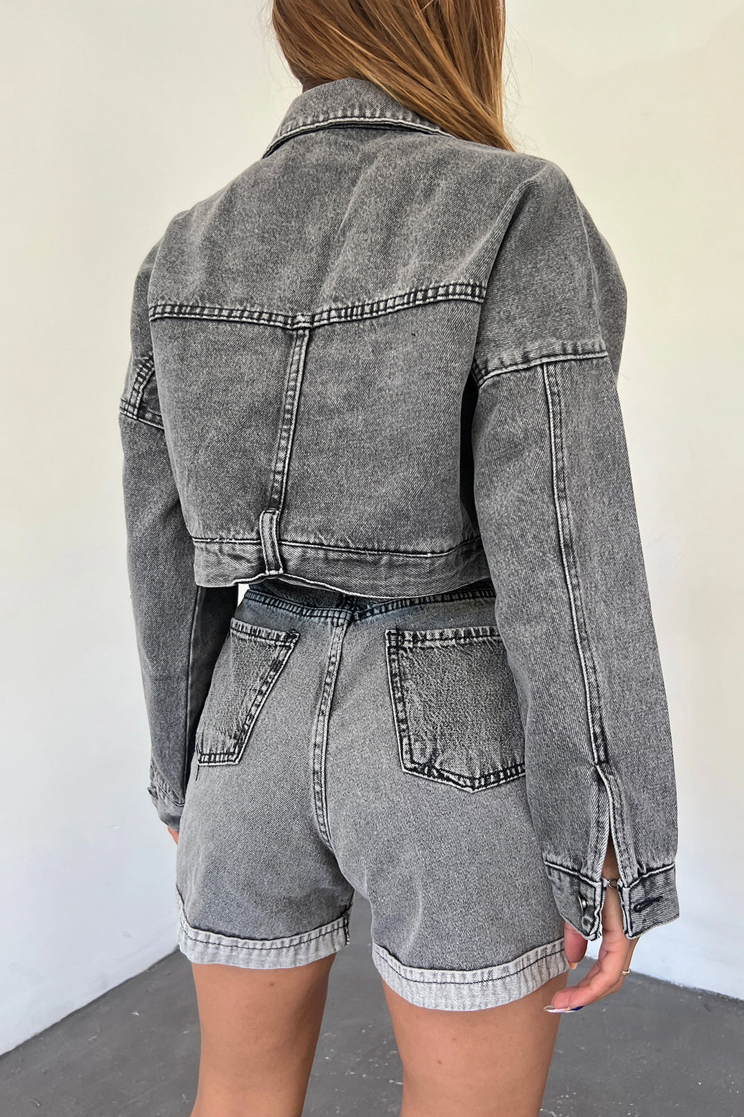 Dark Anthracite Double Pocket Zippered Washed Crop Denim Jacket BCDF-235410 - Fort Lee