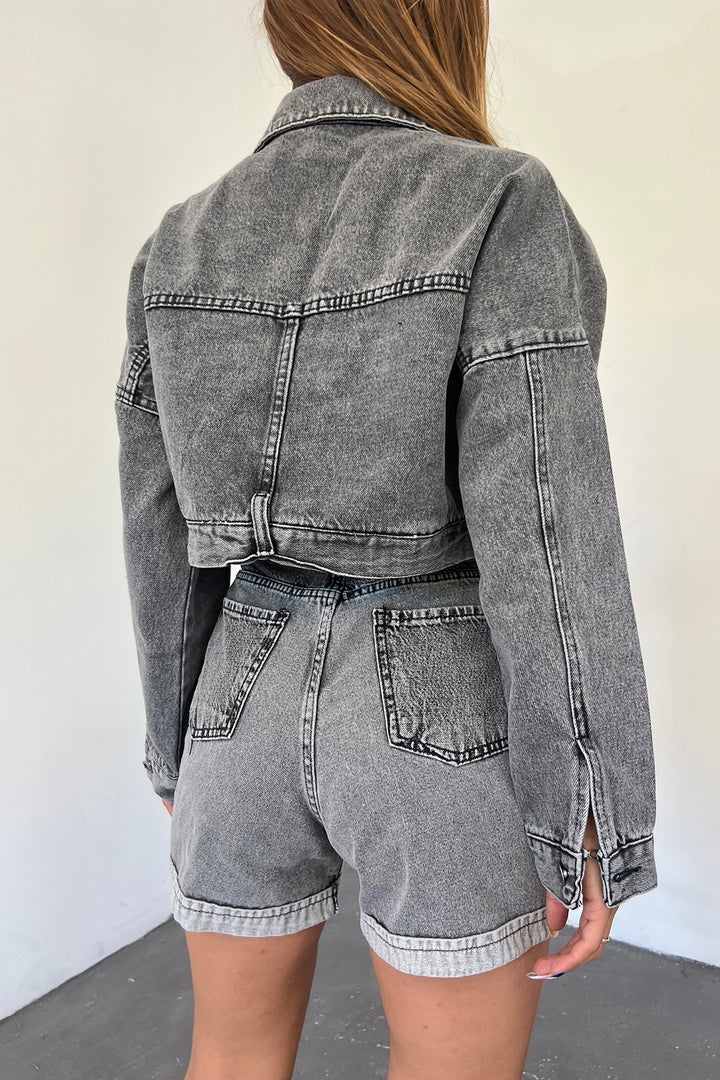 Dark Anthracite Double Pocket Zippered Washed Crop Denim Jacket BCDF-235410 - Fort Lee