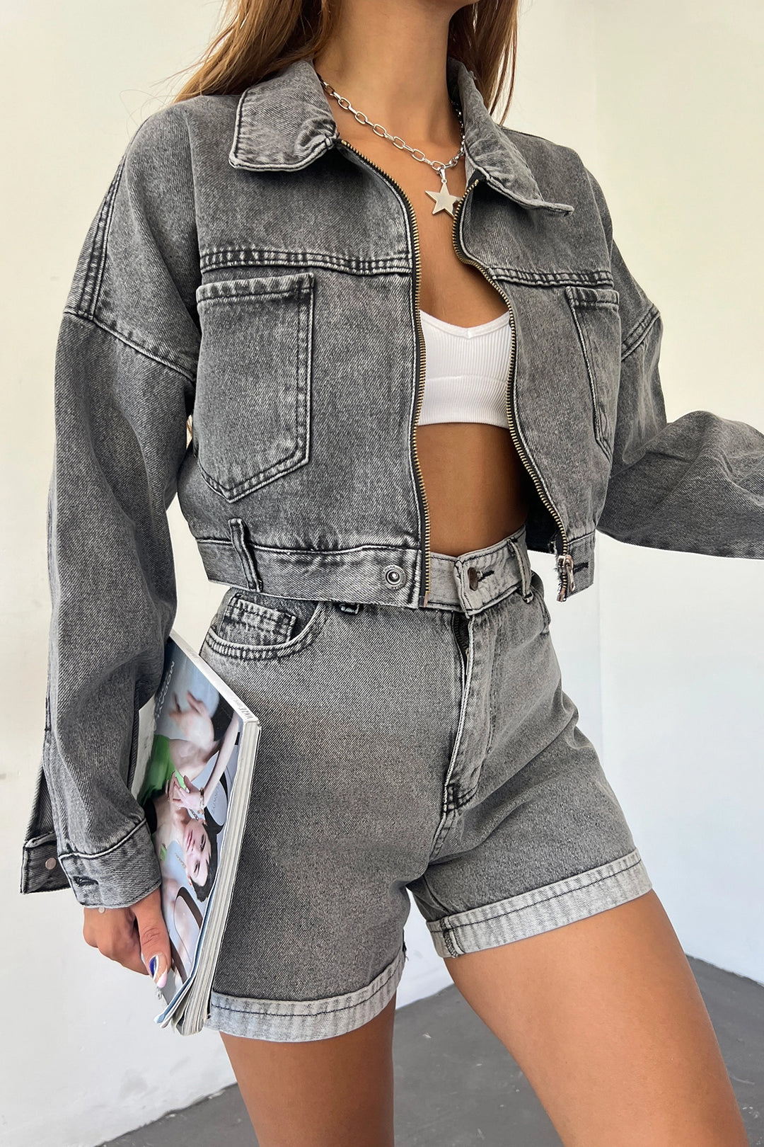 Dark Anthracite Double Pocket Zippered Washed Crop Denim Jacket BCDF-235410 - Fort Lee