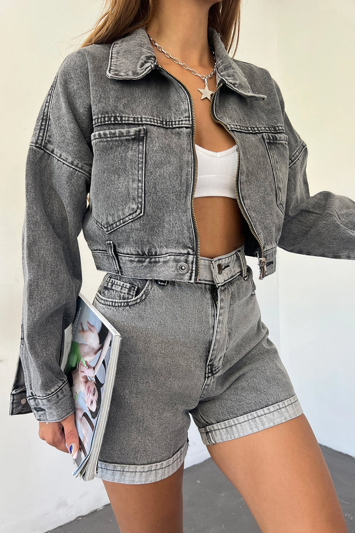 Dark Anthracite Double Pocket Zippered Washed Crop Denim Jacket BCDF-235410 - Fort Lee