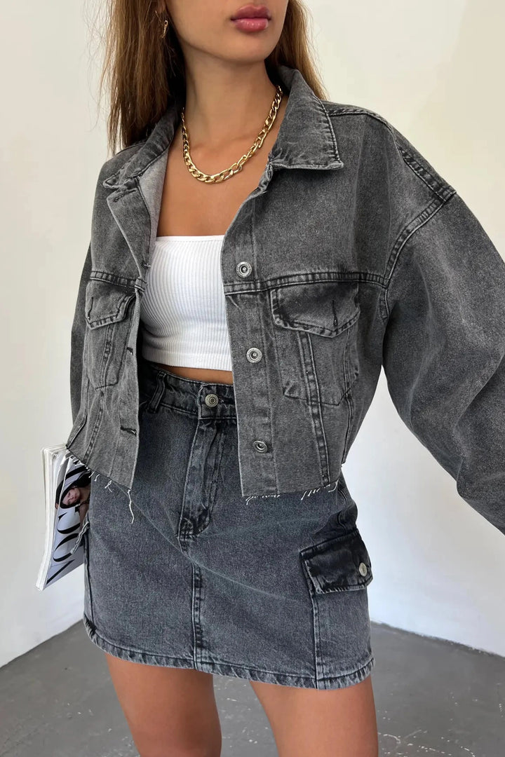 Dark Anthracite Double Pocket Laser Cut Washed Crop Denim Jacket BCDF-235408 - Zhlobin