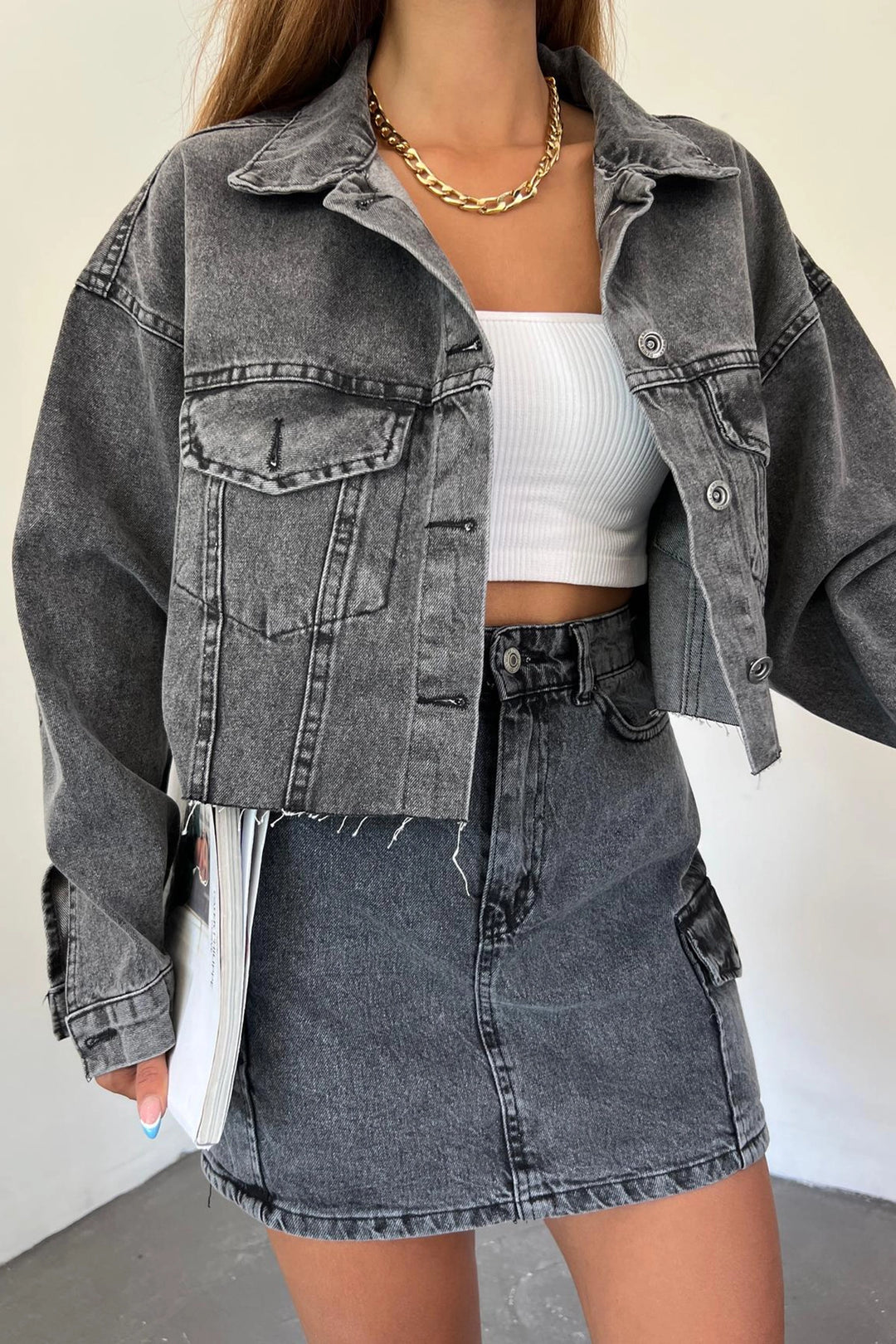 Dark Anthracite Double Pocket Laser Cut Washed Crop Denim Jacket BCDF-235408 - Zhlobin