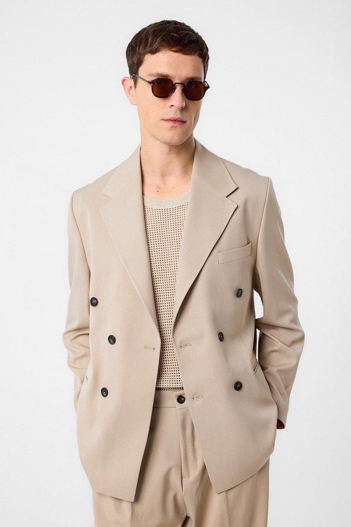 ANT Antioch Village Beige Relax Fit Double Breasted Men's Blazer Jacket - Apple Valley