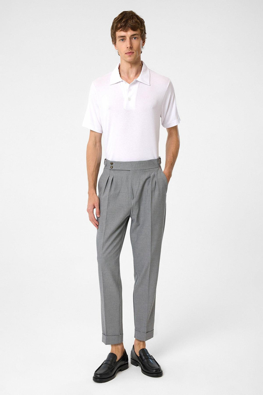 ANT Antioch Village Gray High Waist Side Buckle Pleated Fabric Pants - Bristol