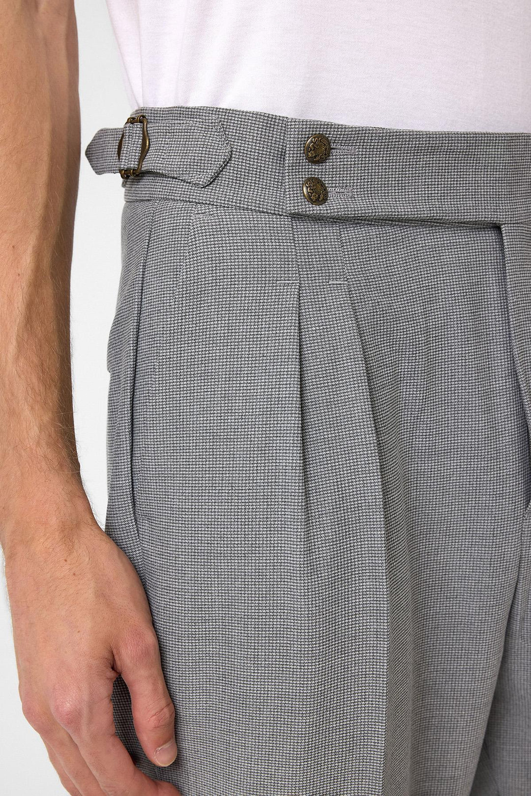 ANT Antioch Village Gray High Waist Side Buckle Pleated Fabric Pants - Bristol