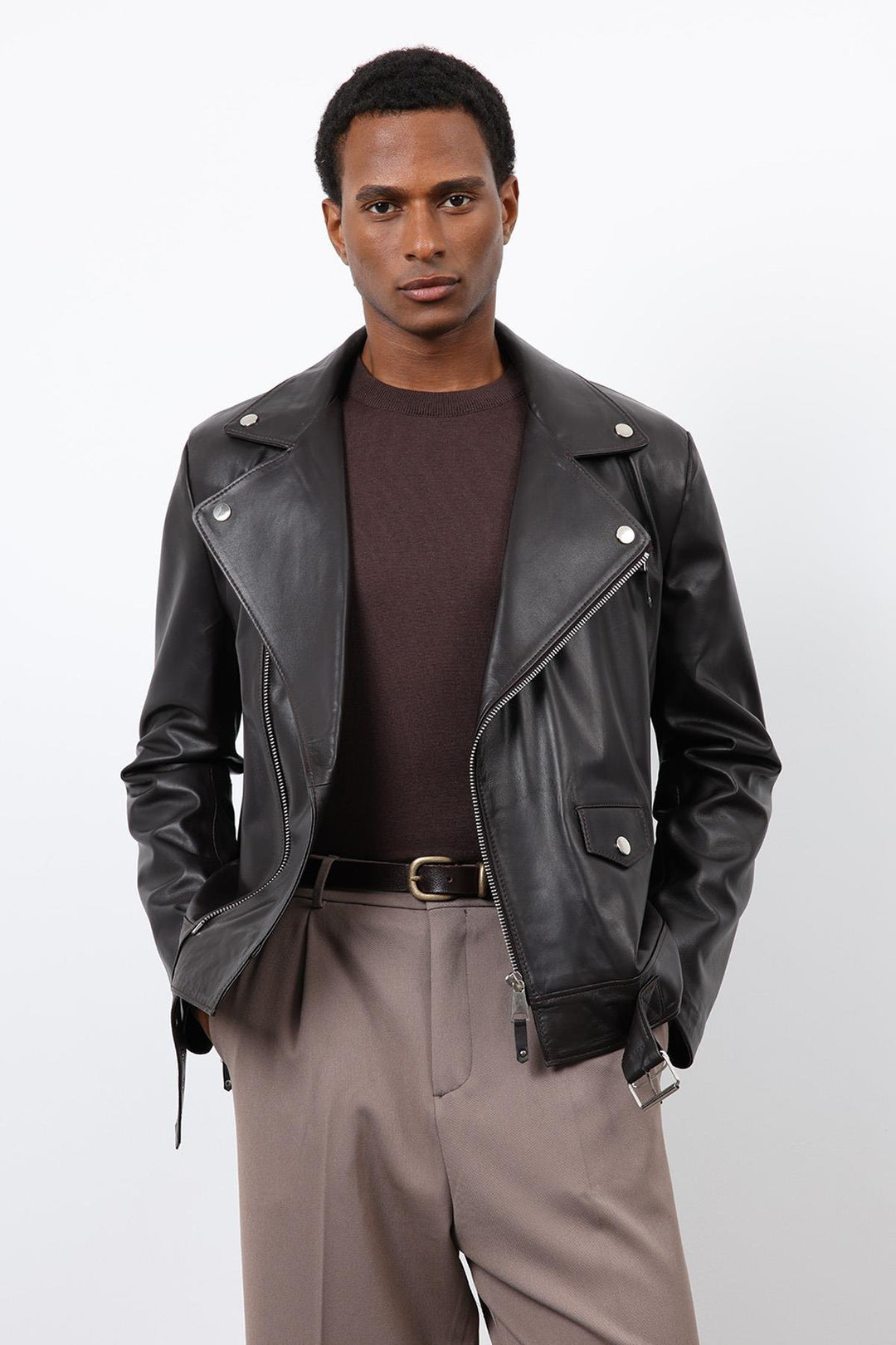 ANT Antioch Koyu Kahve 100% Deri Biker Ceket - Aalst