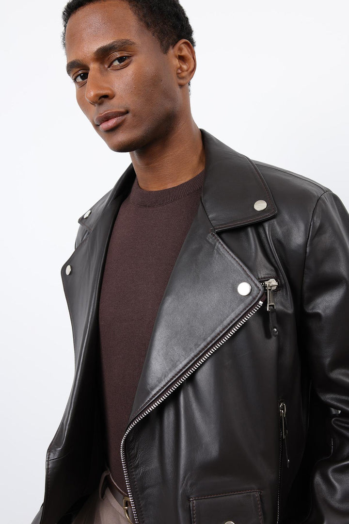 ANT Antioch Koyu Kahve 100% Deri Biker Ceket - Aalst