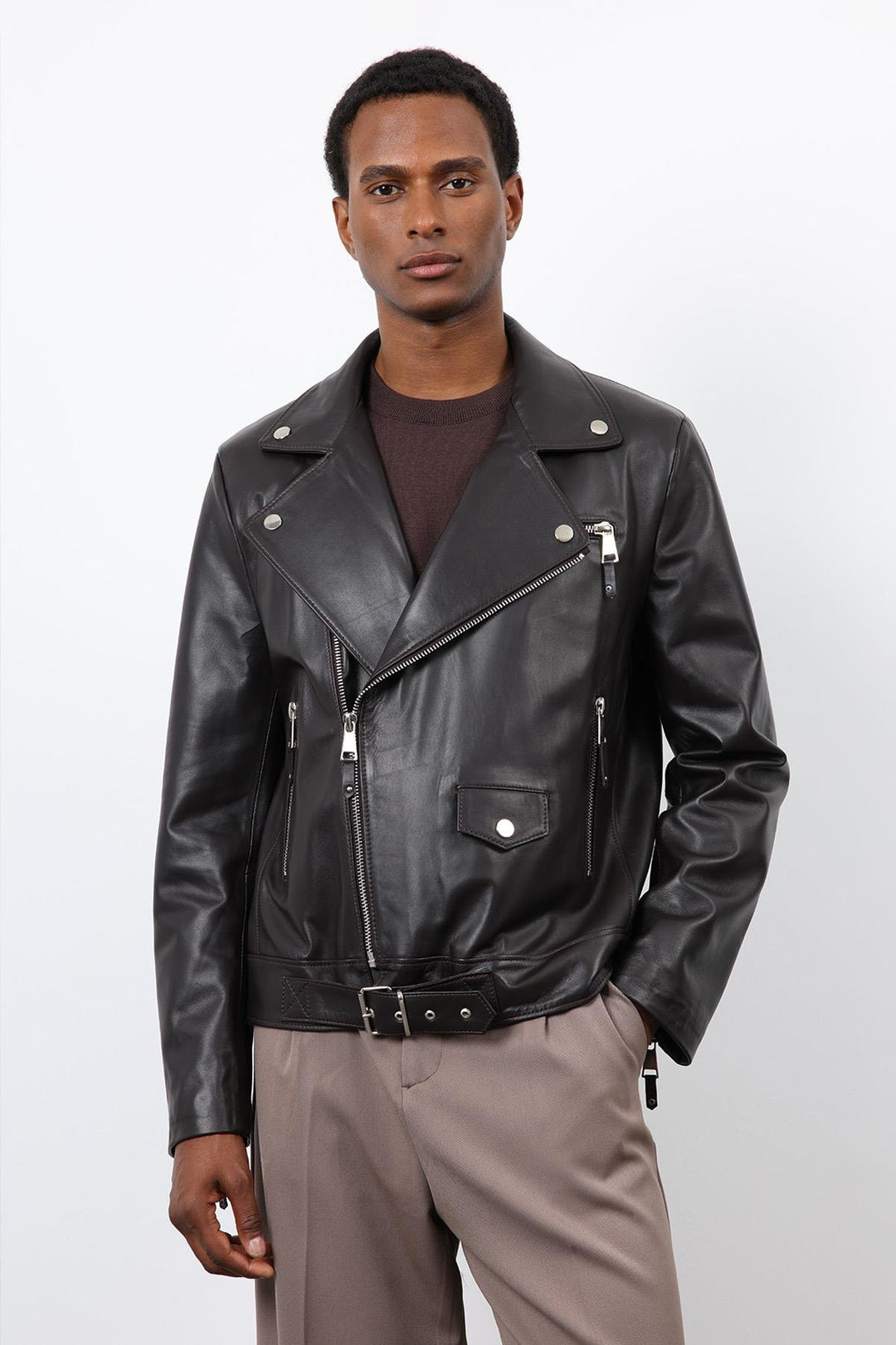 ANT Antioch Koyu Kahve 100% Deri Biker Ceket - Aalst