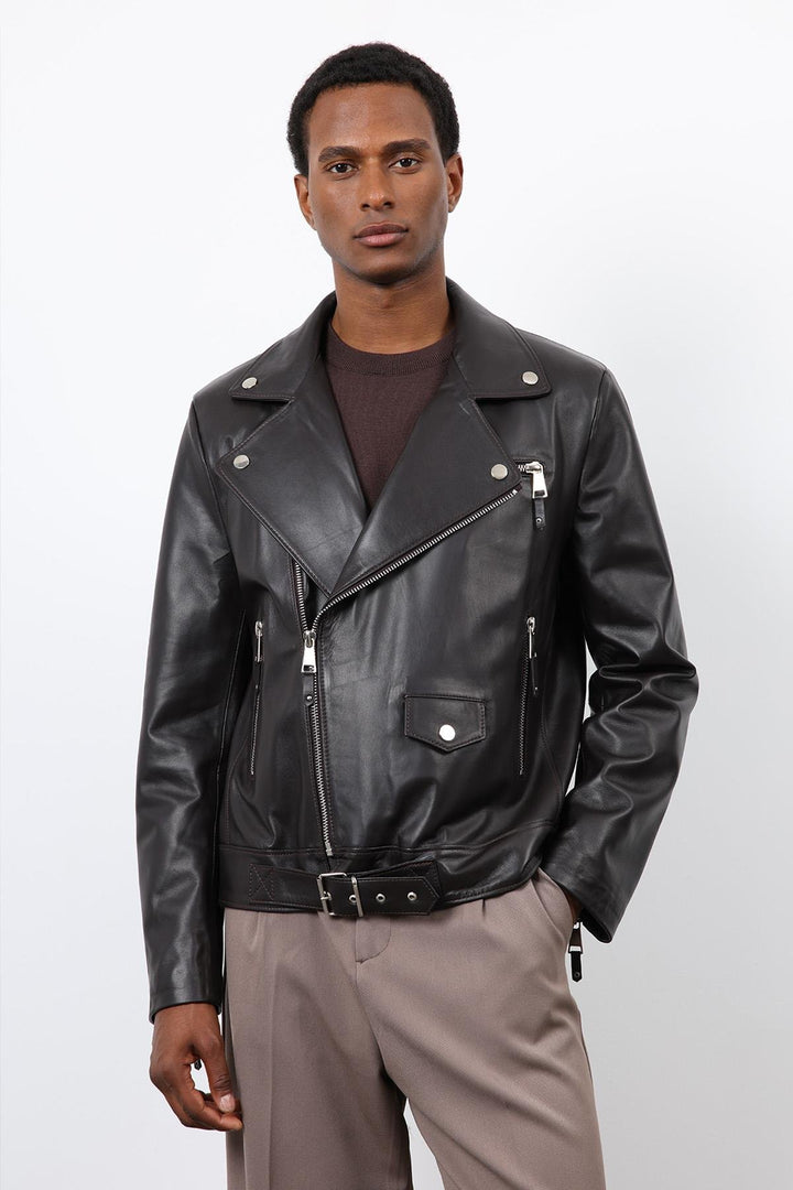 ANT Antioch Koyu Kahve 100% Deri Biker Ceket - Aalst