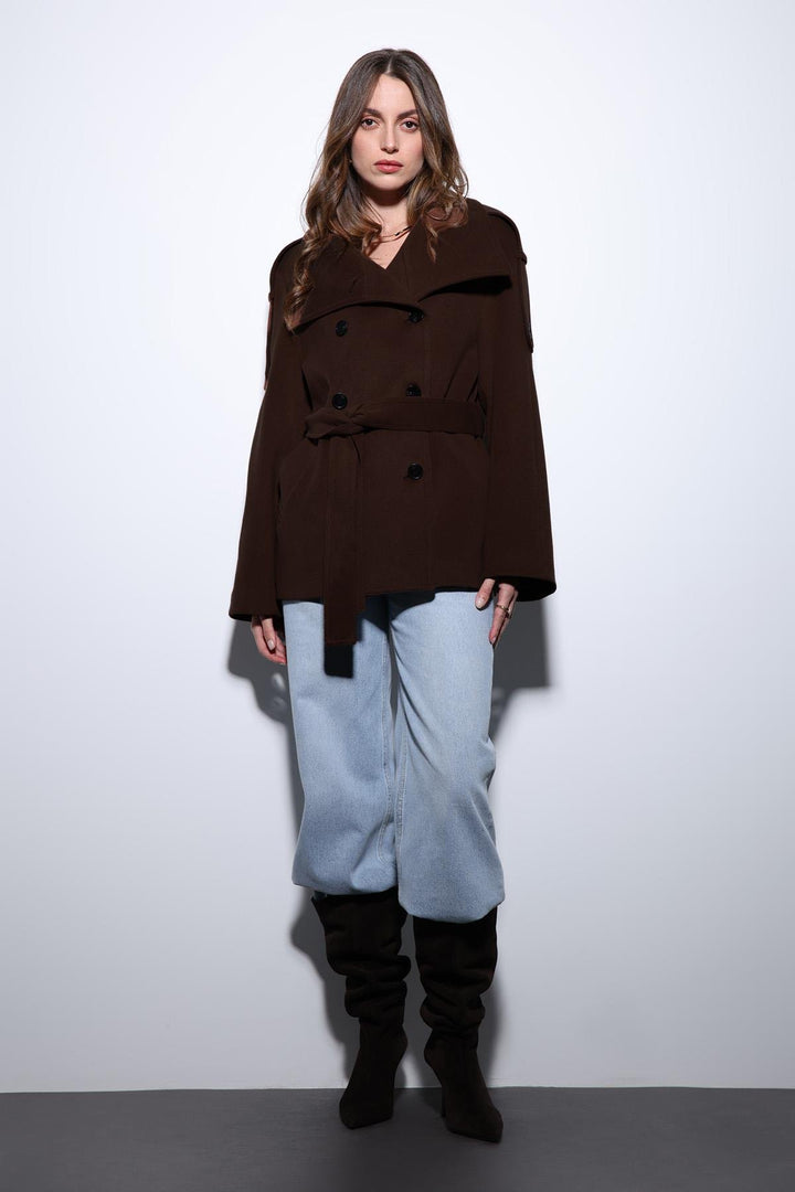 ANT Antioch Koyu Kahve Dik Yaka Kruvaze Kadın Kaban - Waco