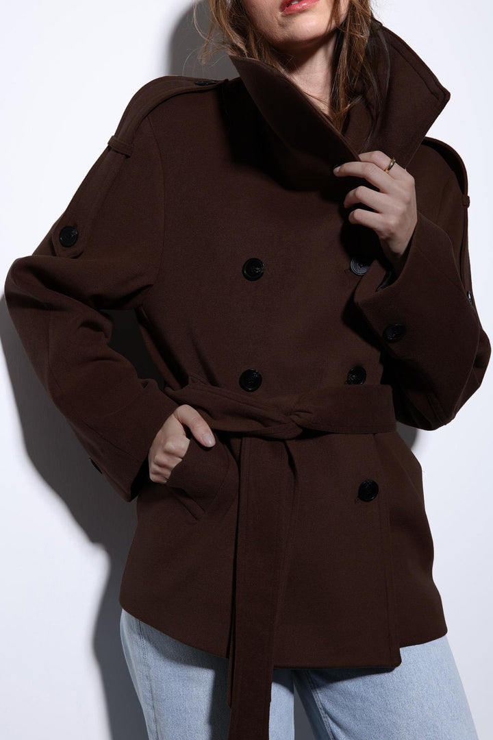 ANT Antioch Koyu Kahve Dik Yaka Kruvaze Kadın Kaban - Waco