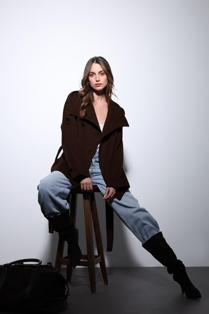 ANT Antioch Koyu Kahve Dik Yaka Kruvaze Kadın Kaban - Waco