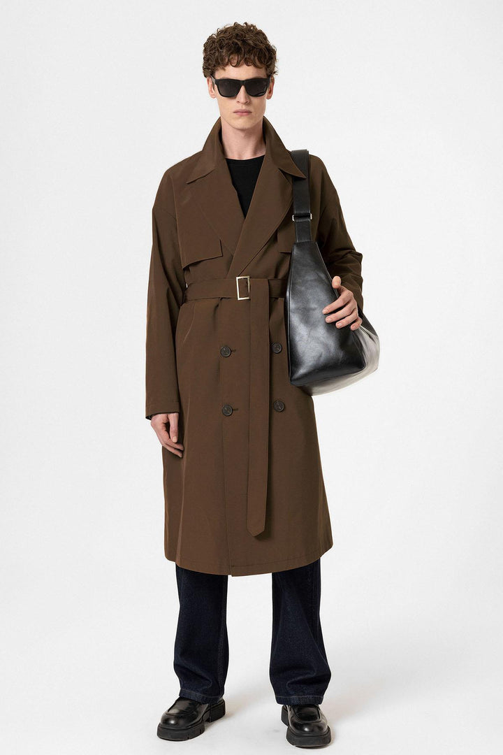 ANT Antioch Village Coffee Double-Breasted Belted Trench Coat - Villa de Álvarez