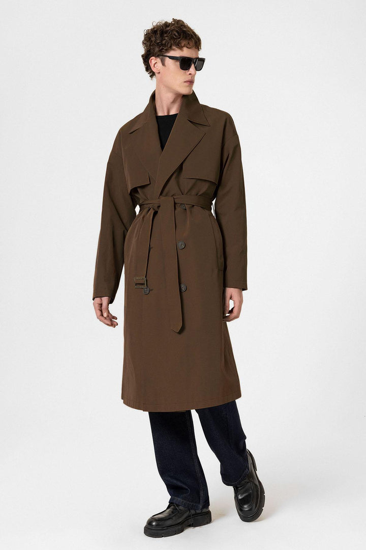 ANT Antioch Village Coffee Double-Breasted Belted Trench Coat - Villa de Álvarez
