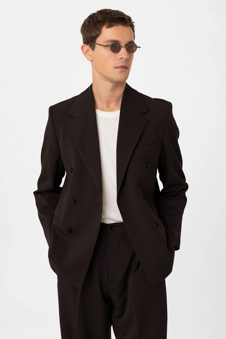 ANT Antioch Koyu Kahve Relax Fit Kruvaze Erkek Blazer Ceket - Pokrovsk
