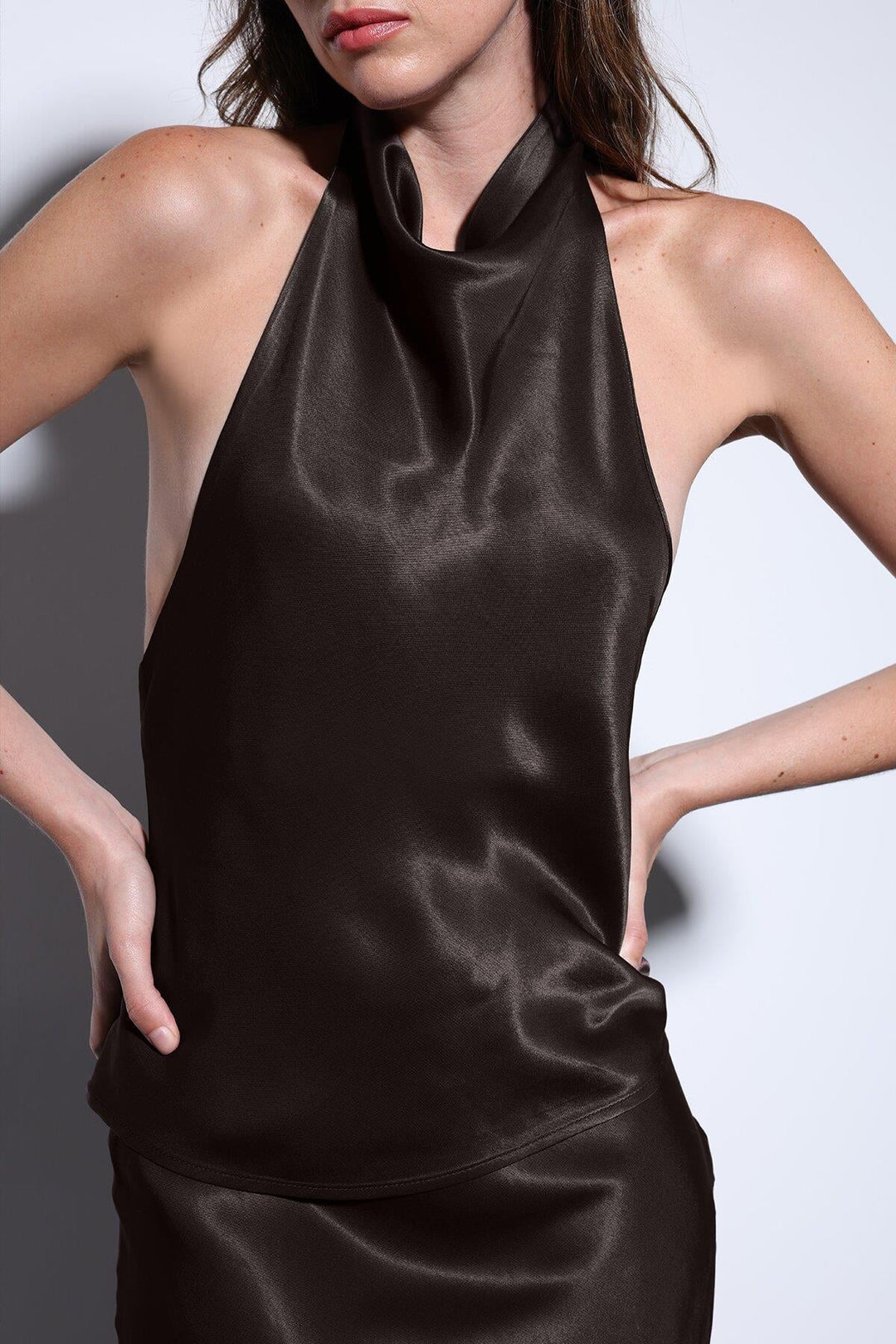 ANT Antioch Koyu Kahve Saten Halter Kadın Top - Tultepec