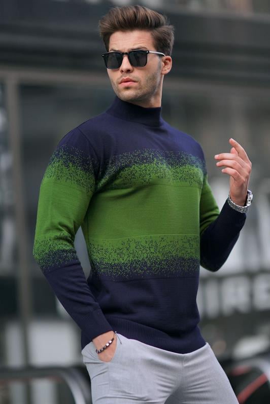 MDX Dark Blue Fisherman Collar Patterned Sweater 6845 - Tortosa