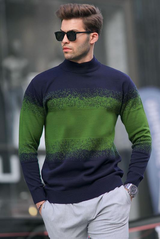 MDX Dark Blue Fisherman Collar Patterned Sweater 6845 - Tortosa