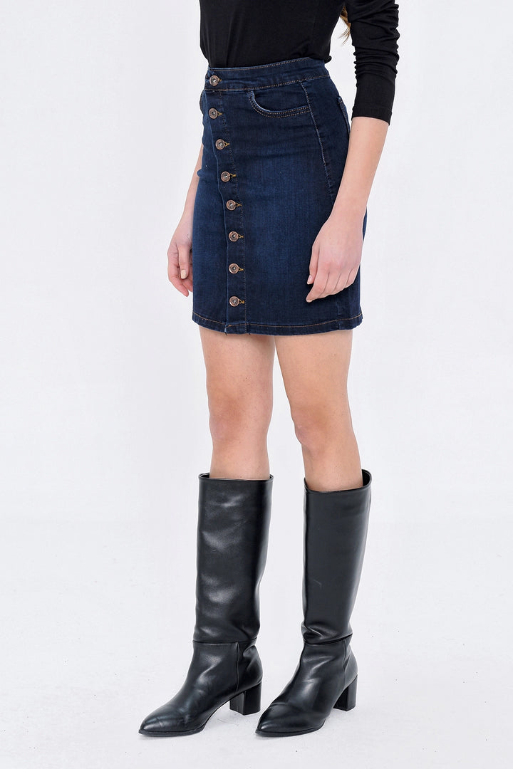 Dark Blue Above-Knee Pocketed Button-Detailed Mini Skirt BCBSK-25650-5009 - Valence