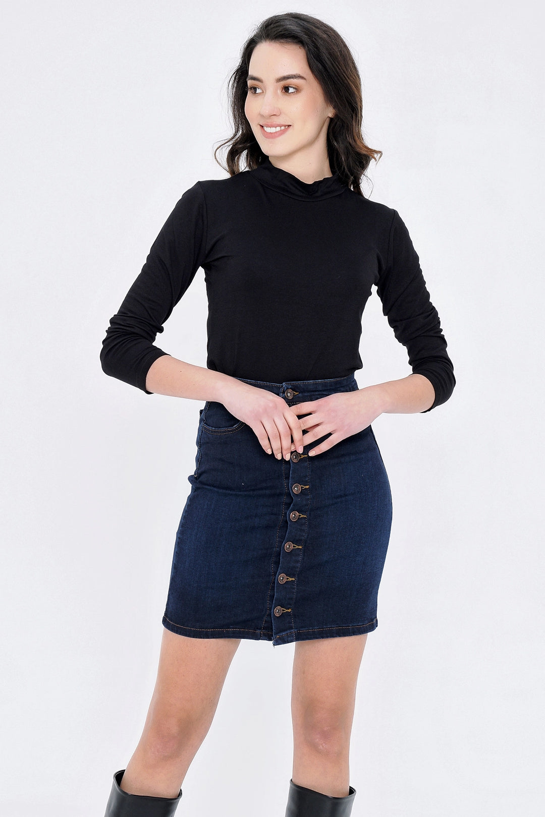 Dark Blue Above-Knee Pocketed Button-Detailed Mini Skirt BCBSK-25650-5009 - Valence