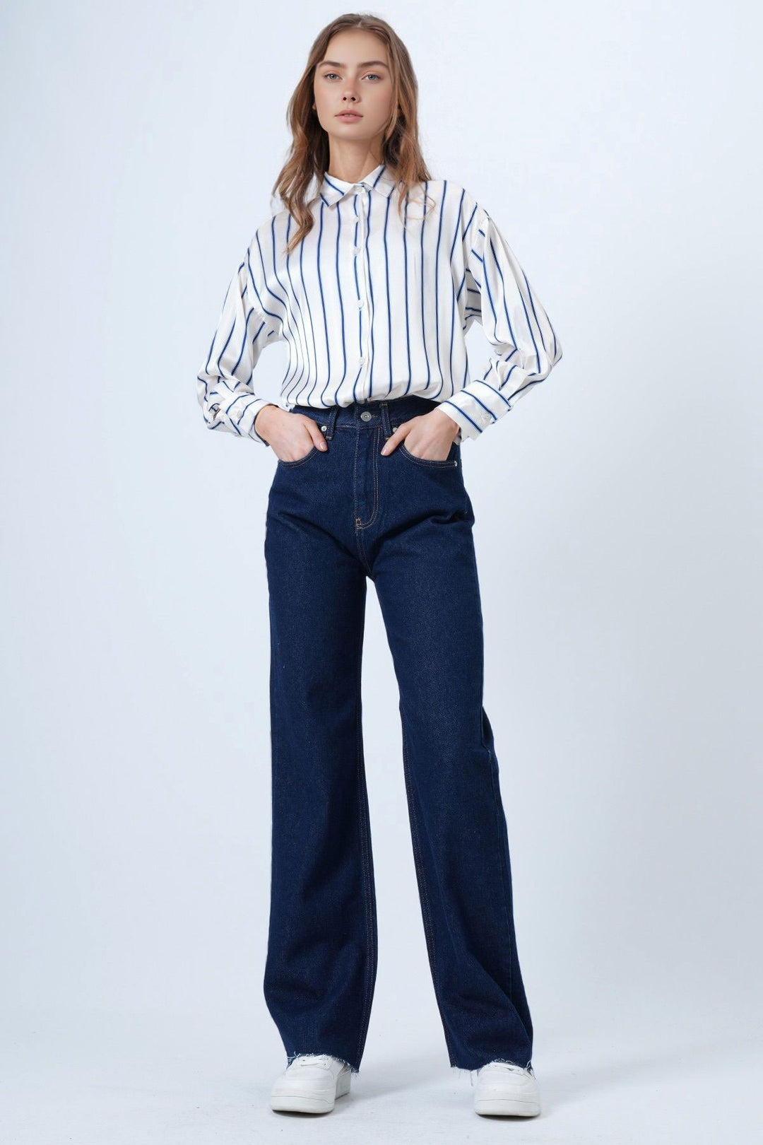 Dark Blue High Waist Wide Fringed Hem 5-Pocket Denim Pants BCHNW-251206 - Grand Prairie