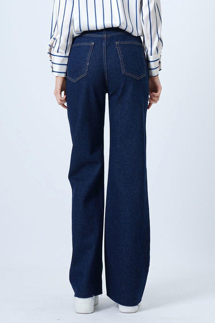 Dark Blue High Waist Wide Fringed Hem 5-Pocket Denim Pants BCHNW-251206 - Grand Prairie