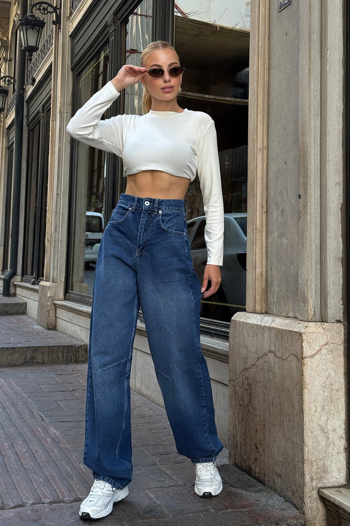 Koyu Mavi 5 Cepli Bol Paça Baggy Jean BCHNW-251194 - Stouffville