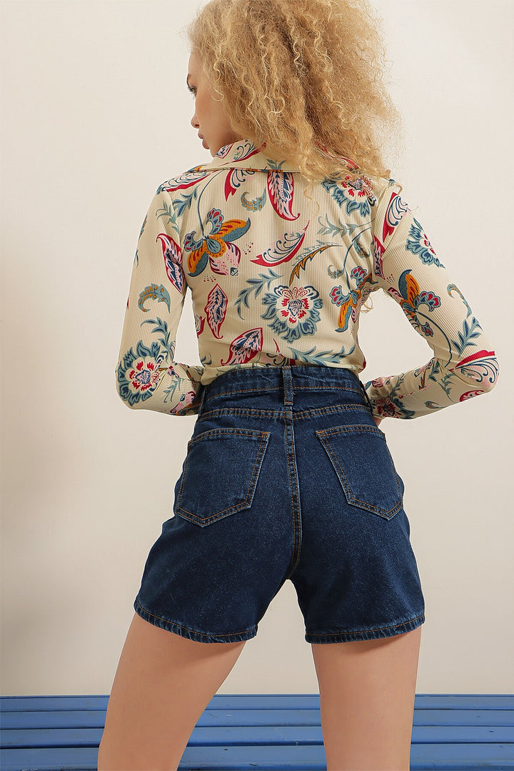 Koyu Mavi Duble Paça Yüksek Bel Denim Şort - Salon-de-Provence