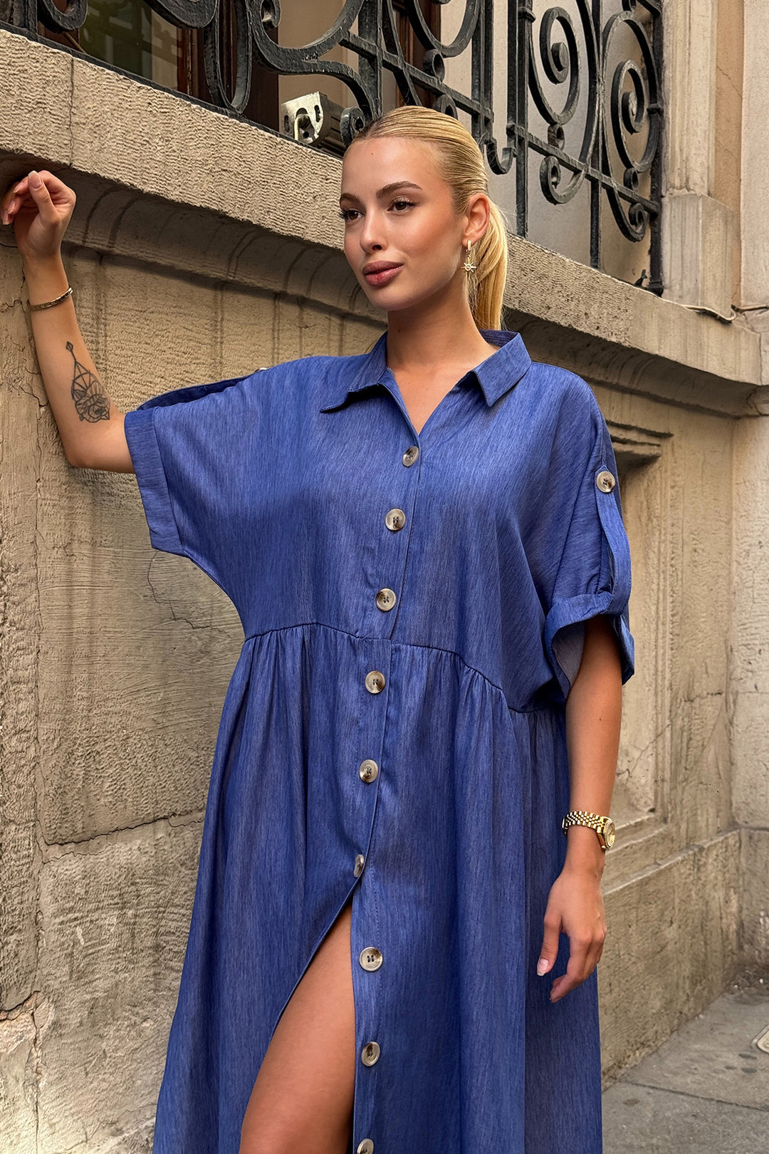 Dark Blue Short Sleeve Button Detail Midi Shirt Dress BCVL-254000 - Vitrolles