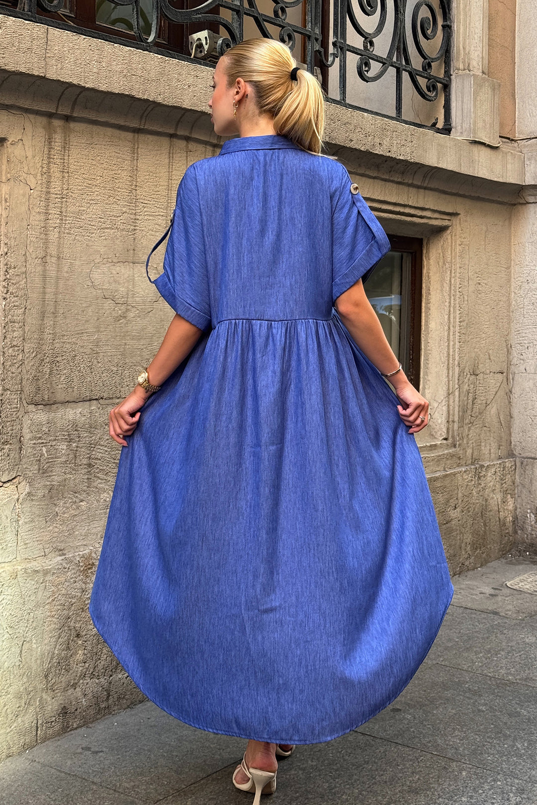 Dark Blue Short Sleeve Button Detail Midi Shirt Dress BCVL-254000 - Vitrolles