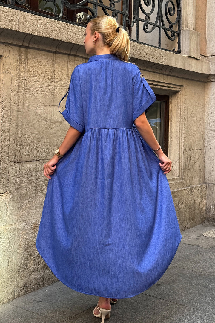 Dark Blue Short Sleeve Button Detail Midi Shirt Dress BCVL-254000 - Vitrolles