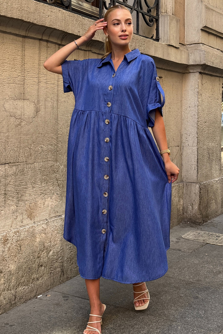 Dark Blue Short Sleeve Button Detail Midi Shirt Dress BCVL-254000 - Vitrolles