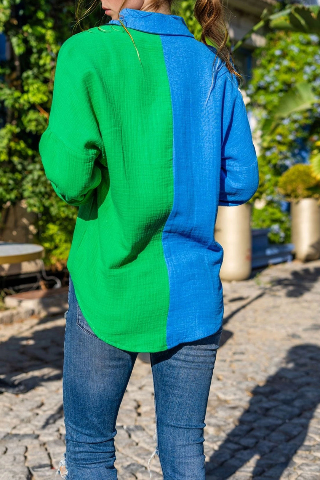 Dark Blue Muslin Color Block Loose Shirt BCBSK-25700-3458 - Tlacotepec
