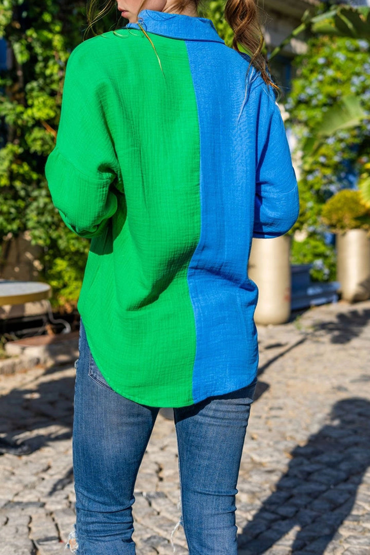 Dark Blue Muslin Color Block Loose Shirt BCBSK-25700-3458 - Tlacotepec