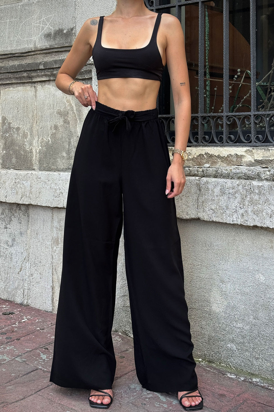 Dark Black High Waisted Wide Leg Palazzo Summer Pants BCPK-2510000 - Grants Pass