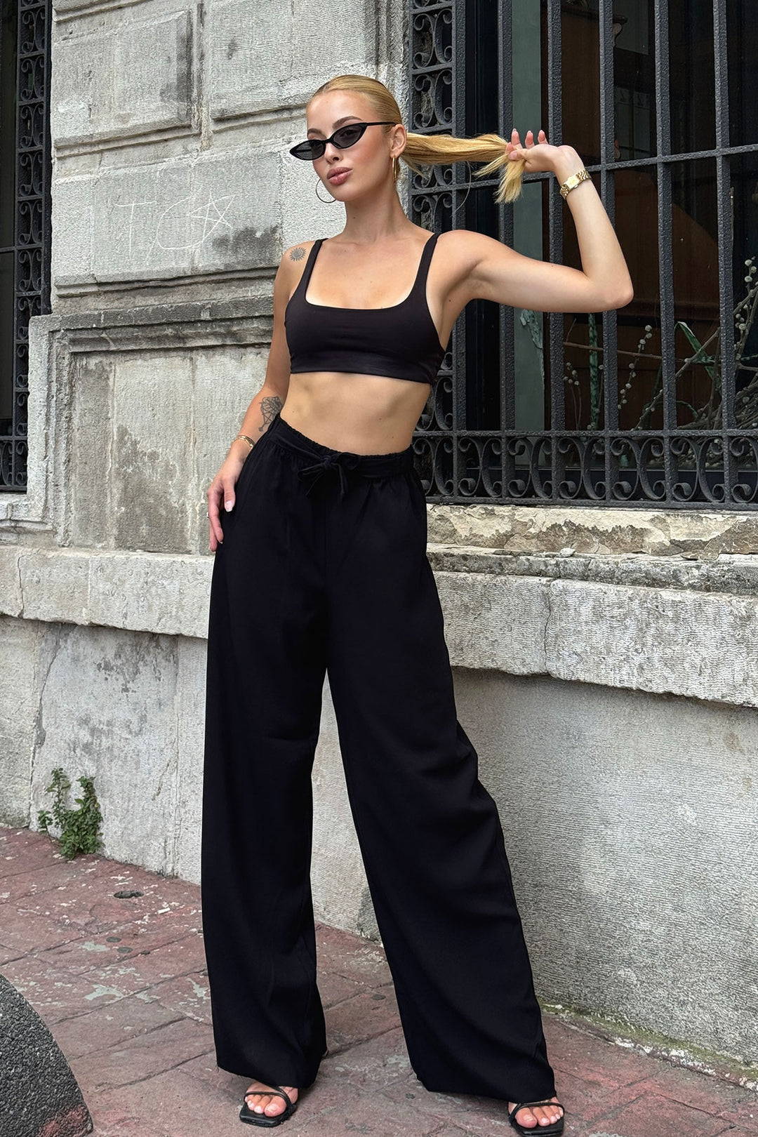Dark Black High Waisted Wide Leg Palazzo Summer Pants BCPK-2510000 - Grants Pass