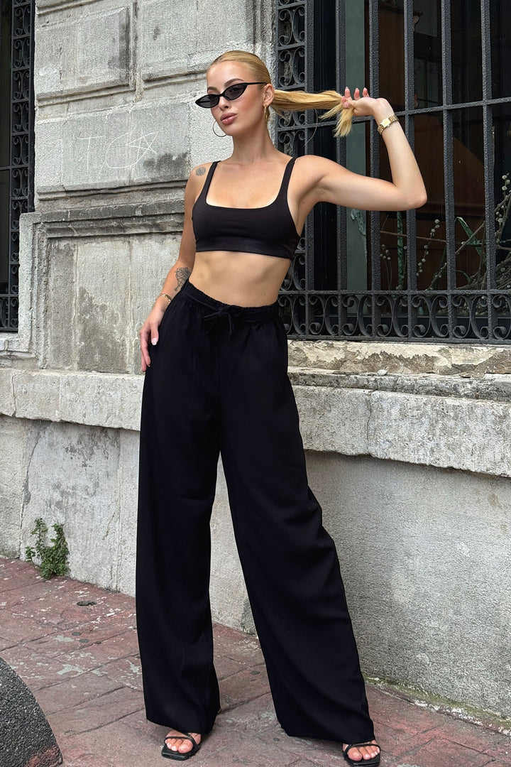 Dark Black High Waisted Wide Leg Palazzo Summer Pants BCPK-2510000 - Grants Pass