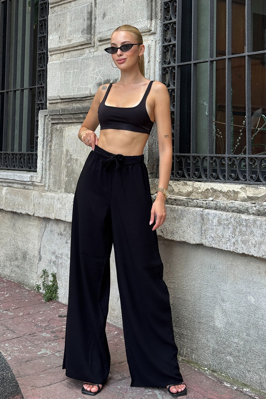 Dark Black High Waisted Wide Leg Palazzo Summer Pants BCPK-2510000 - Grants Pass