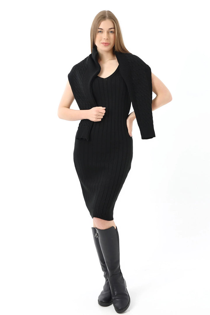 Dark Black Turtleneck Knitted Crop Sweater and Knitted Dress Set BC231004 - Tours